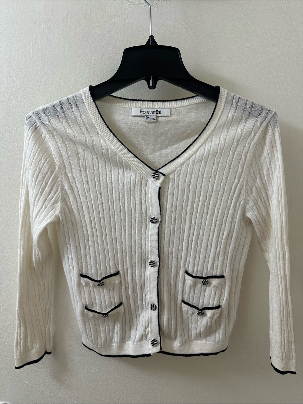 Forever 21 Vintage Cream Cable-Knit Cardigan Black Trim Button Down 3/4 Sleeve